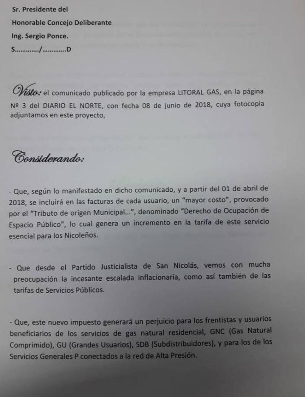 Primera parte del documento presentado por el Partido Justicialista. (Archivo)