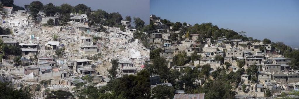 Una foto del 20 de enero de 2010 de un barrio destruido y foto del mismo barrio el 9 de enero de 2020, en Puerto Príncipe (Haití). (Foto: EFE/ Orlando Barria)