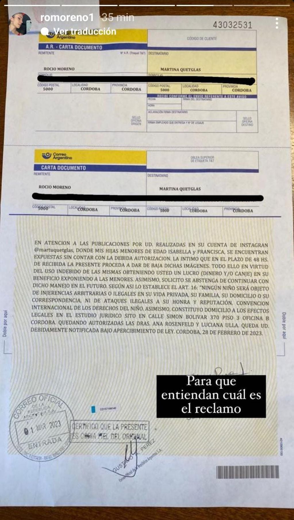 Rocío Moreno envió una carta documento a Quetglas.