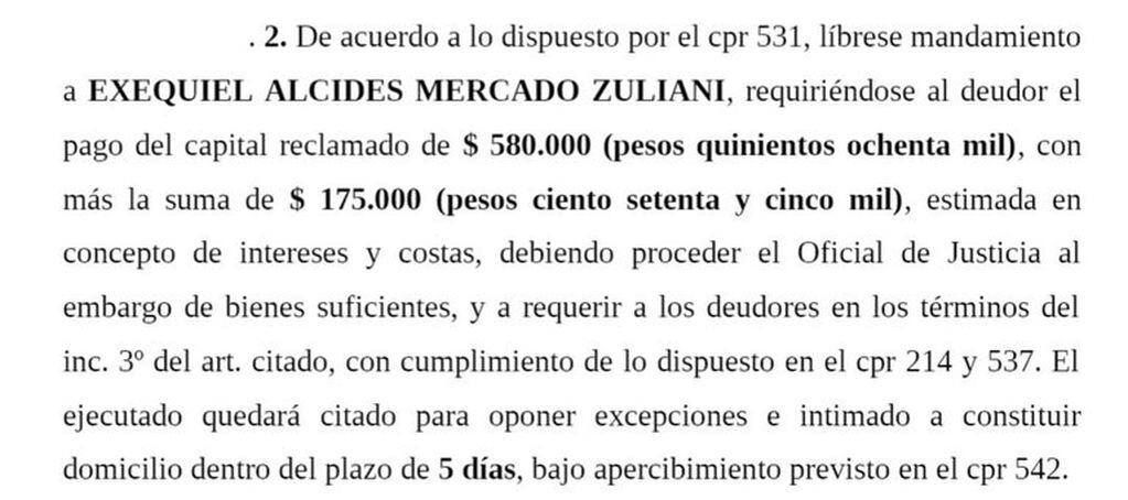 El embargo contra Exequiel Alcides Mercado Zuliani.