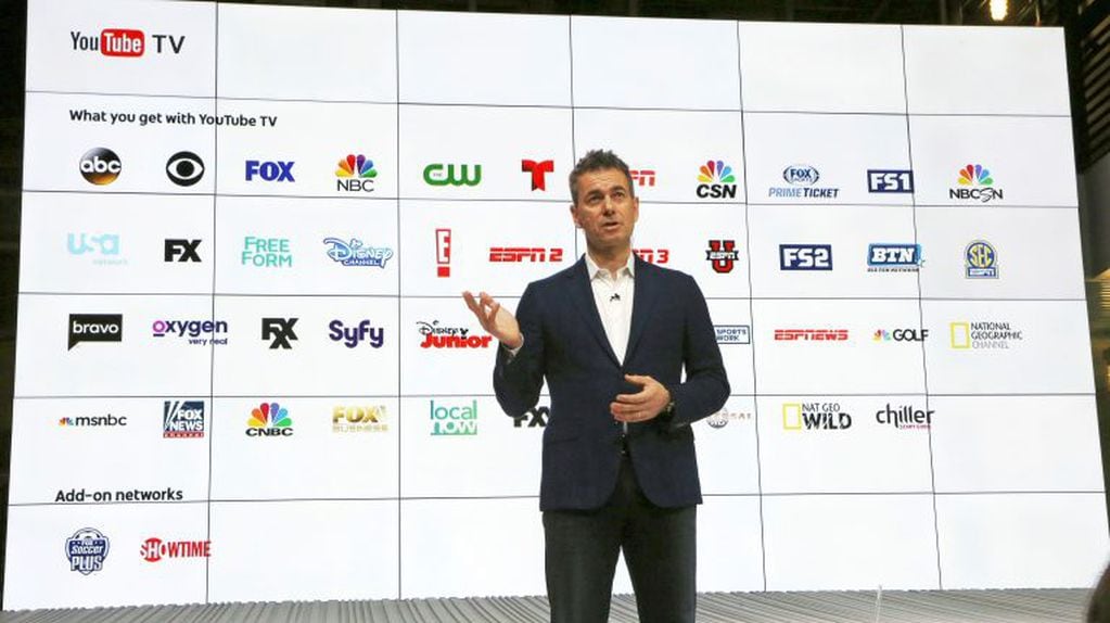 Chief Business Officer Robert Kuncl, with a graphic showing the many networks that will be carried, speaks during the introduction of YouTube TV at YouTube Space LA in Los Angeles, Tuesday, Feb. 28, 2017. People fed up with paying for cable the traditiona