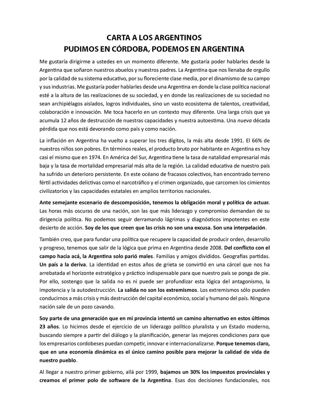 La carta de Juan Schiaretti para los argentinos.