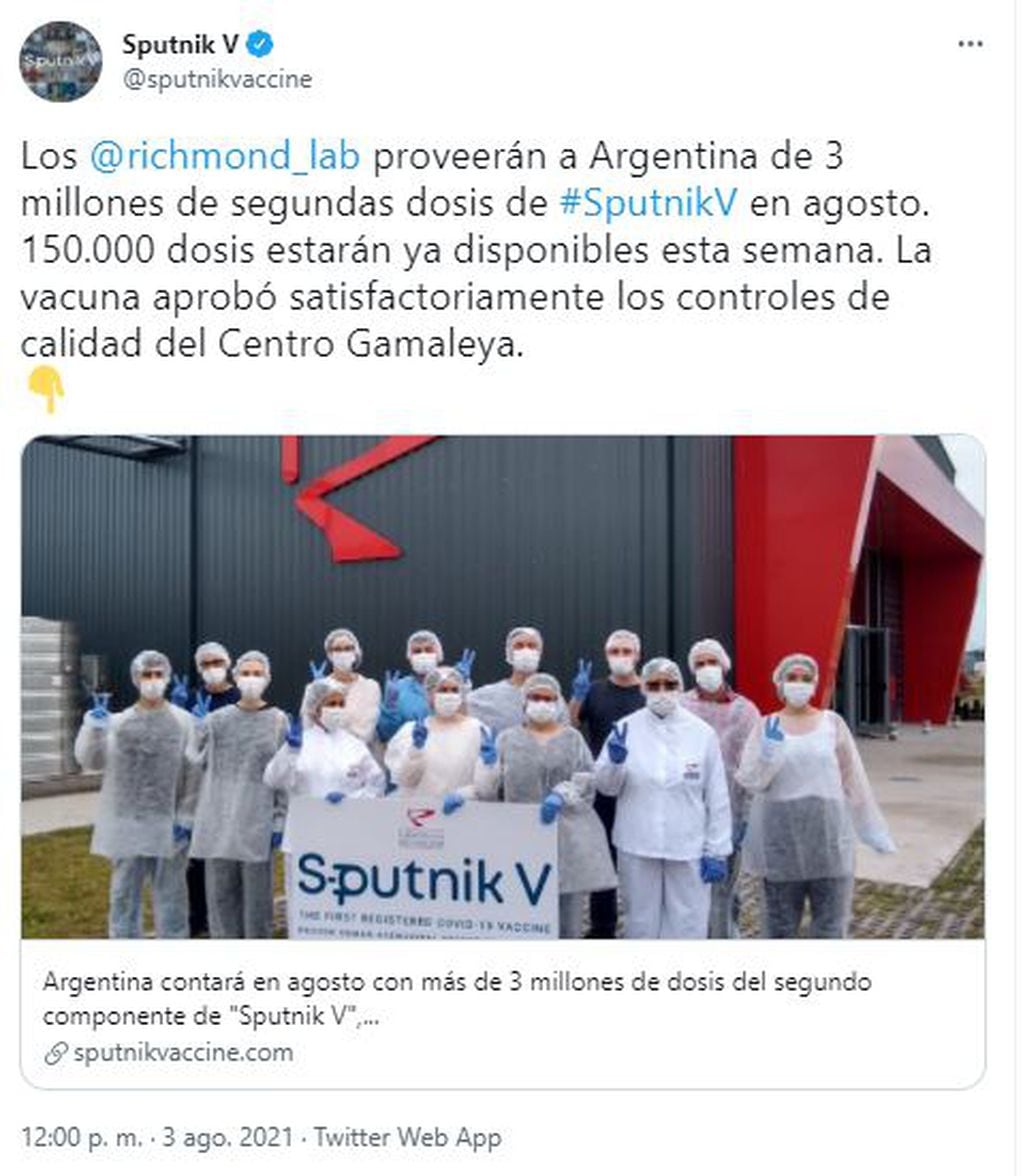 Rusia avaló la producción del segundo componente de la vacuna Sputnik V en Argentina.