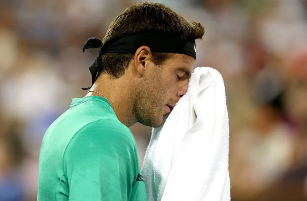 INDIAN WELLS, CA - MARCH 14: Juan Martin Del Potro of Argentina wipes his face between points while playing Novak Djokovic of Serbia during the BNP Paribas Open at the Indian Wells Tennis Garden on March 14, 2017 in Indian Wells, California.   Matthew Sto