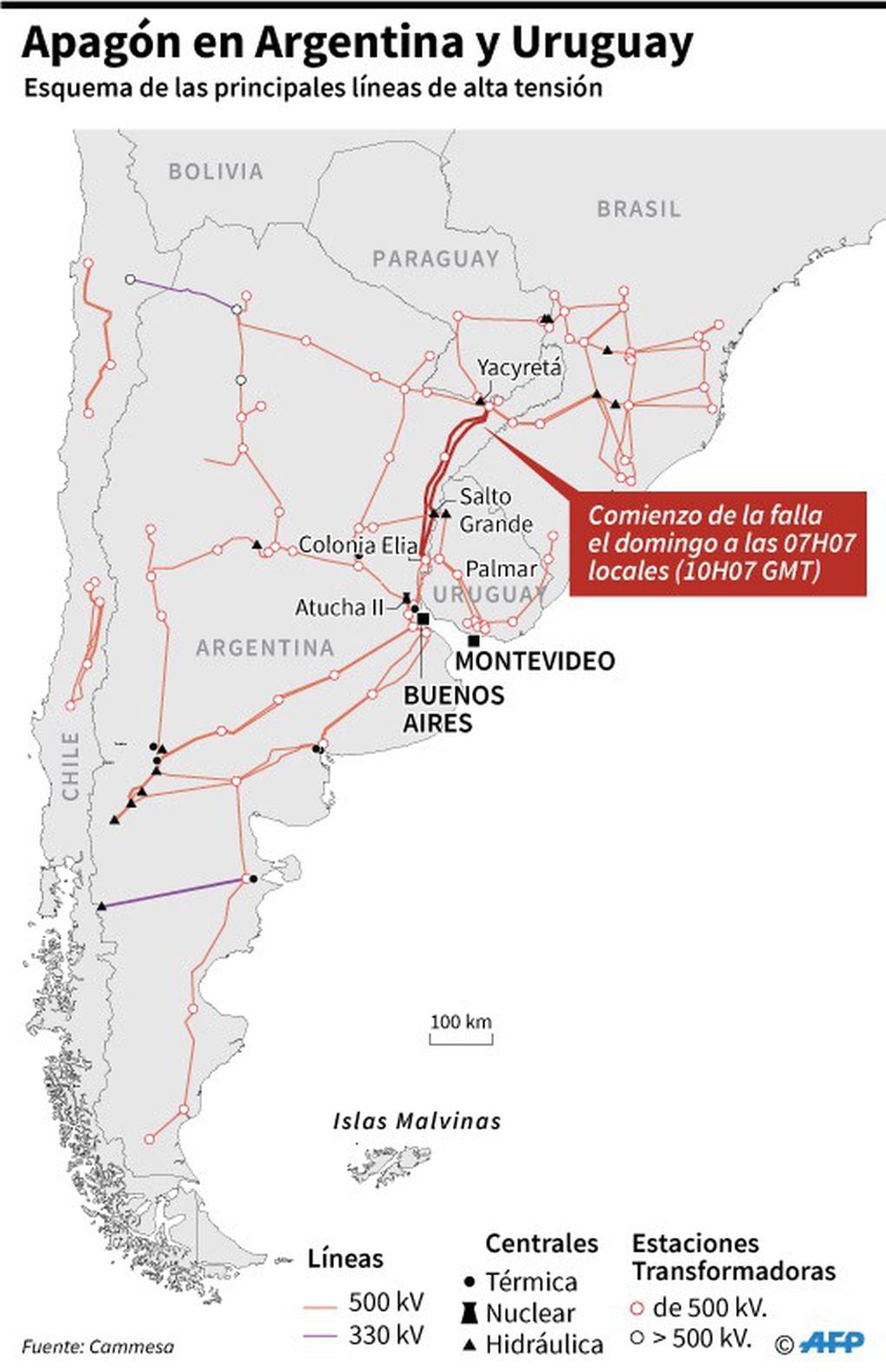 Esquema de las principales líneas de alta tensión del sistema interconectado argentino-uruguayo, Paraguay, Chile y Brasil - AFP / AFP