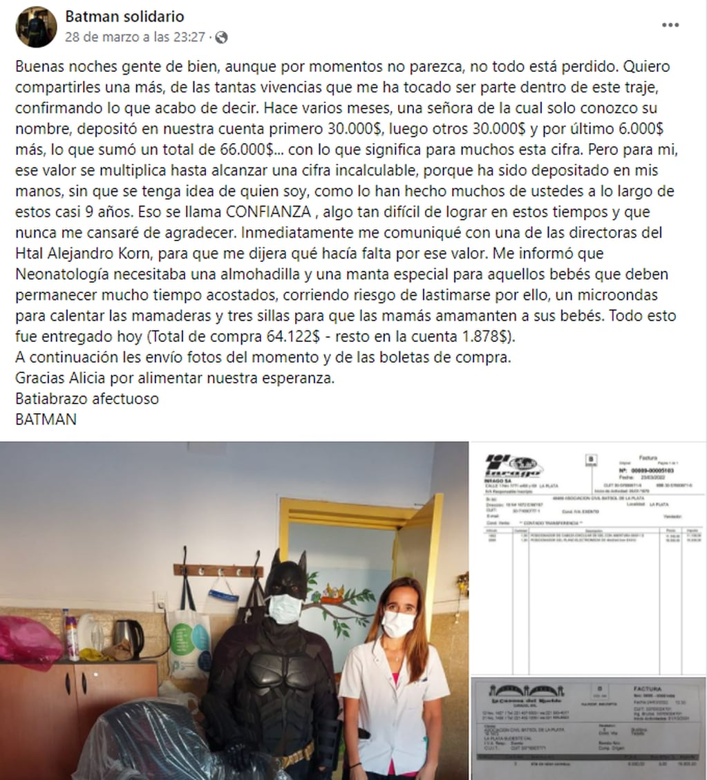 El héroe de La Plata agradece la donación para el Hospital Alejandro Korn.