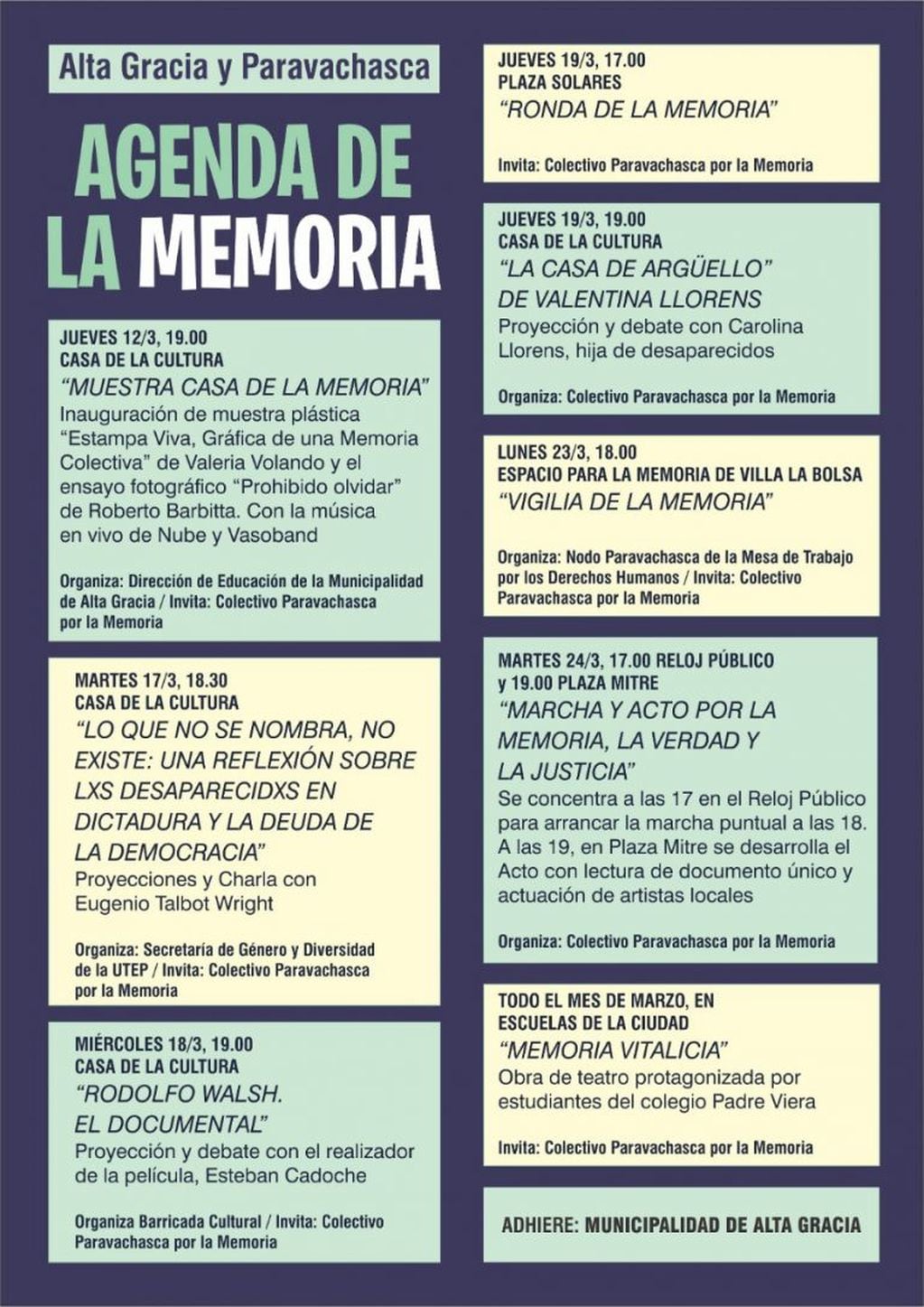 Grilla de actividades del Colectivo Paravachasca por la Memoria.