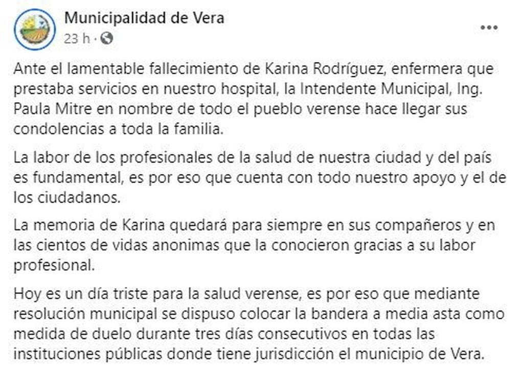 Comunicado de la municipalidad de Vera.