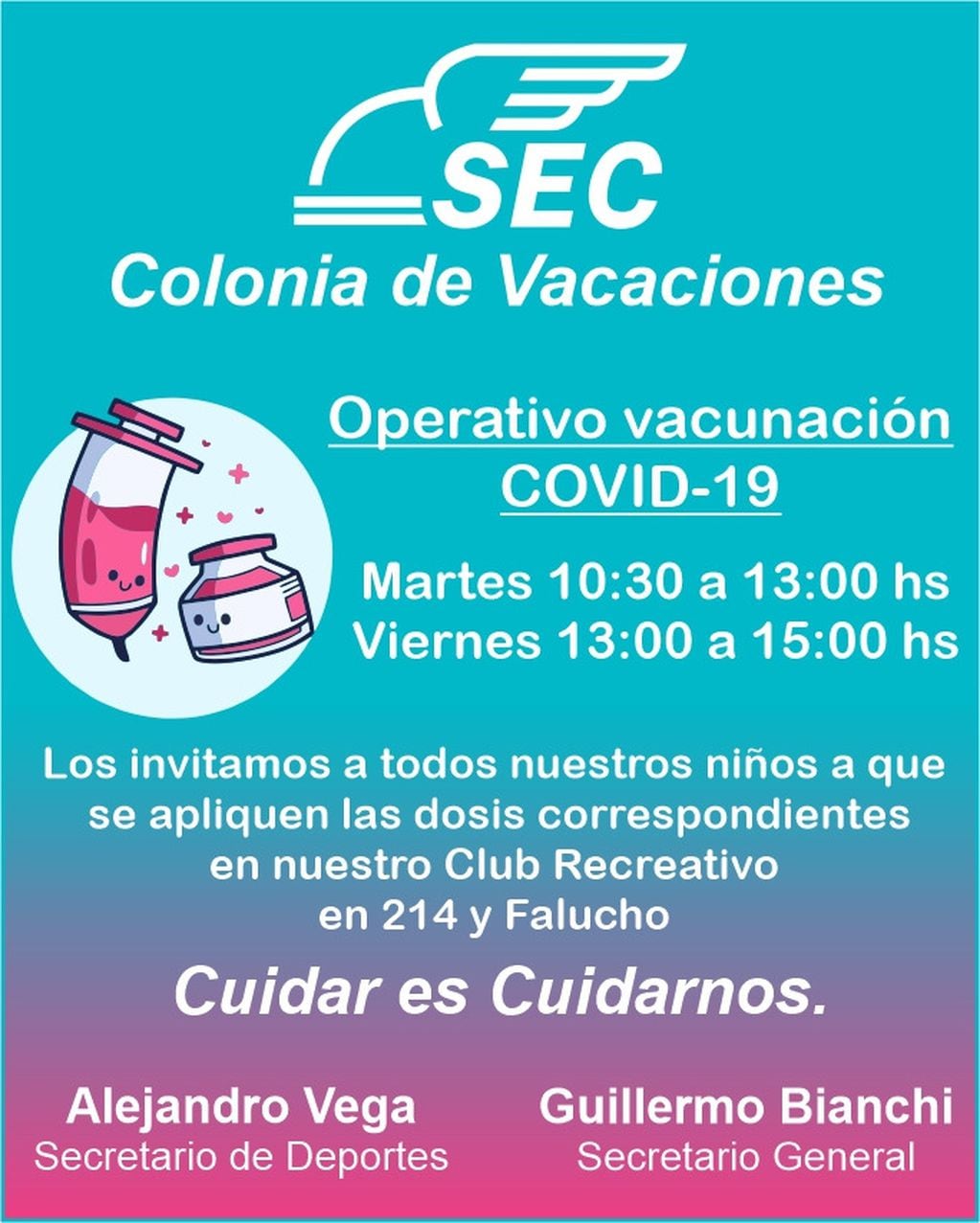 Los afiliados del SECZA podrán vacunar contra el Covid-19 a sus hijos el próximo martes 8 de febrero y viernes 11, en Falucho y 214