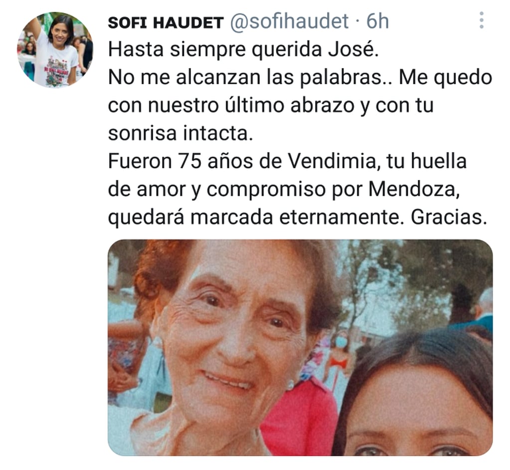Posteo en Twitter de Sofía Haudet