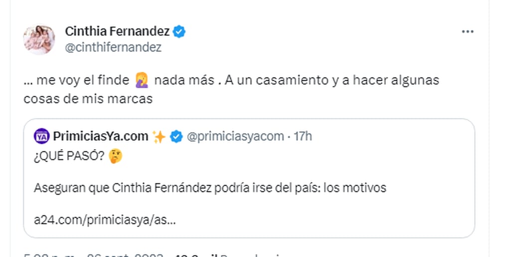 La respuesta de Cinthia Fernández ante las suposiciones por irse del país