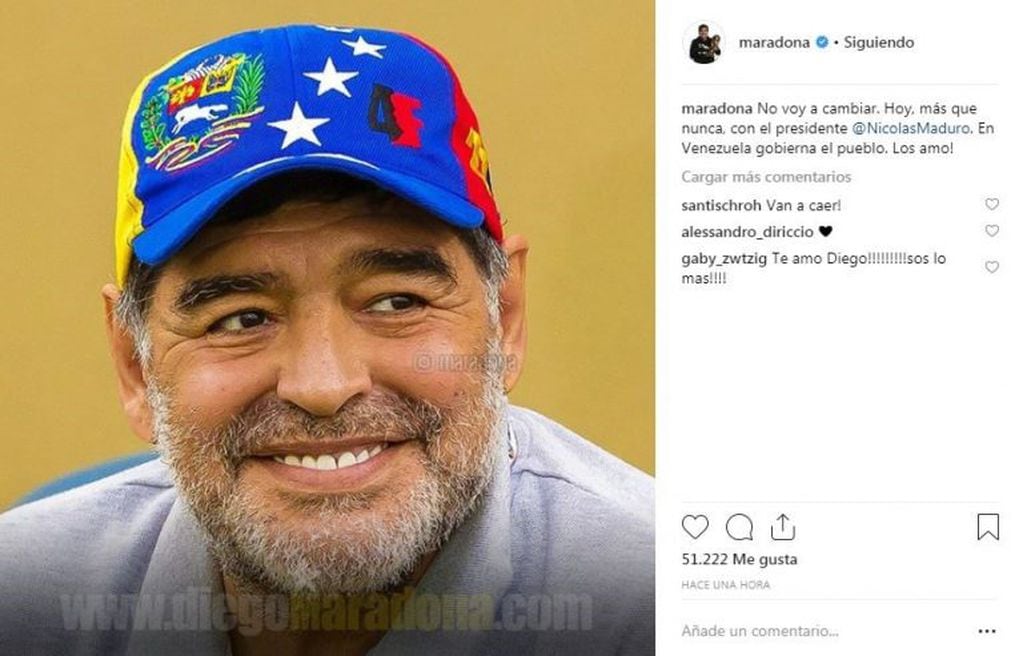 Maradona apoyó a Maduro en su cuenta de Instagram.