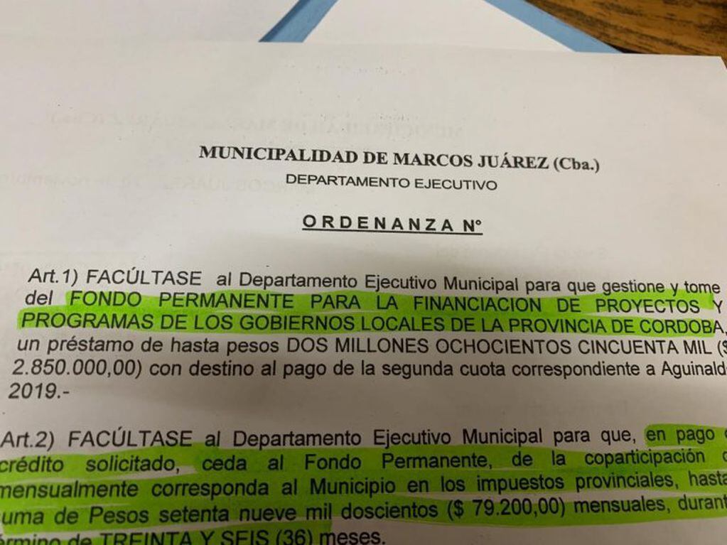 Ordenanza de Crédito para Aguinaldos, Marcos Juárez