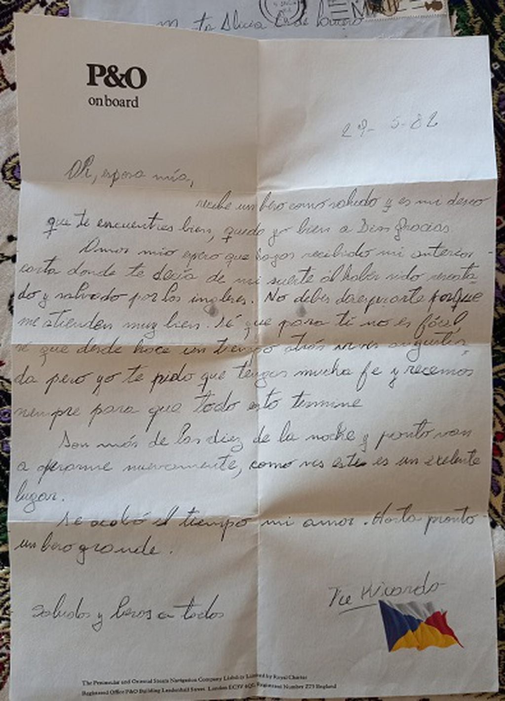 La carta que Lucero le escribió a su mujer, desde el buque hospital Uganda, el 29 de mayo de 1982, durante la guerra de las Malvinas.