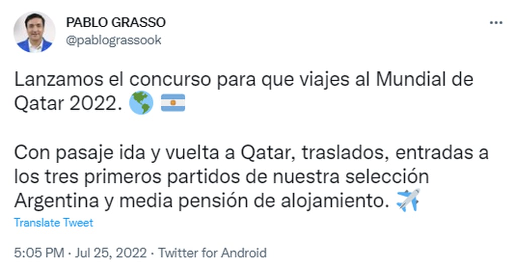 El intendente de Río Gallegos sortea un viaje al Mundial de Qatar.