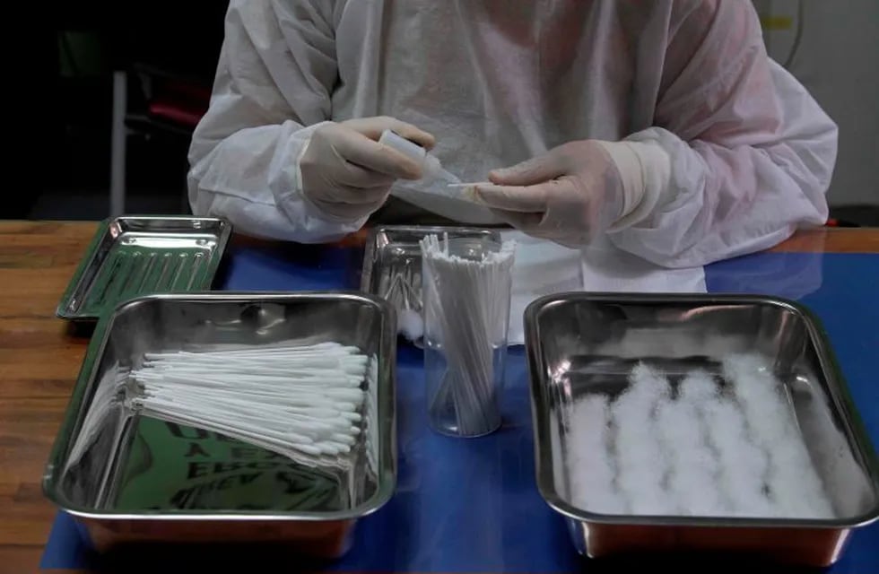 A woman works in the making of handmade swabs at the Parque Tecnologico del Cerro in Montevideo on October 1, 2020. - Former workers of the textile sector are making handmade swabs to be distributed to collect samples for COVID-19 tests, as part of a project of the Design School of the Architecture, Design and Urbanism Faculty alongside the Chemistry and the Engineering Faculties of the University of the Republic in Uruguay. (Photo by Pablo PORCIUNCULA / AFP)