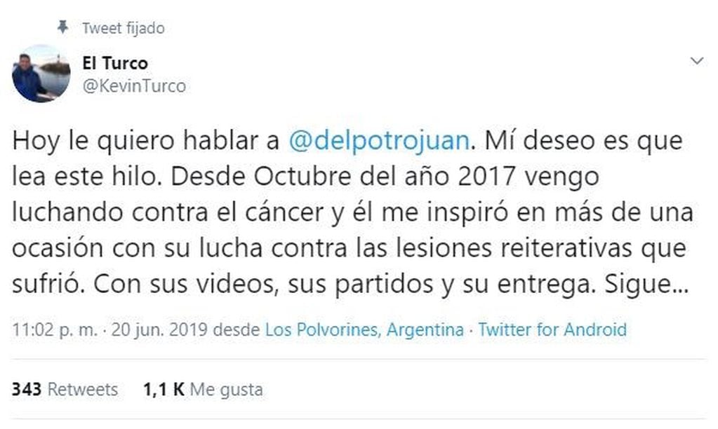 El primer tweet del admirador de Del Potro (Foto: Twitter/KevinTurco).