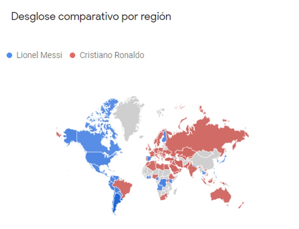 Así se distribuye el interés de búsqueda por Messi (azul) y Ronaldo (rojo) en el mundo.