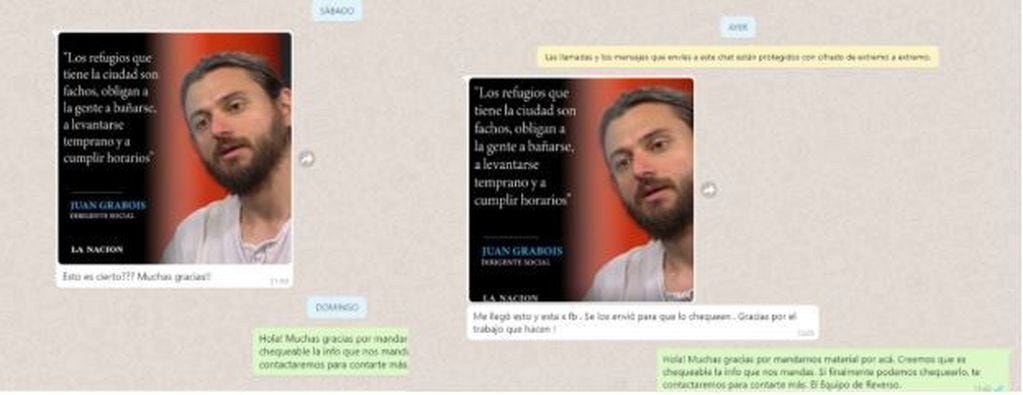 Captura de pantalla realizada el 16 de julio de 2019 de mensajes de WhatsApp recibidos por Reverso.