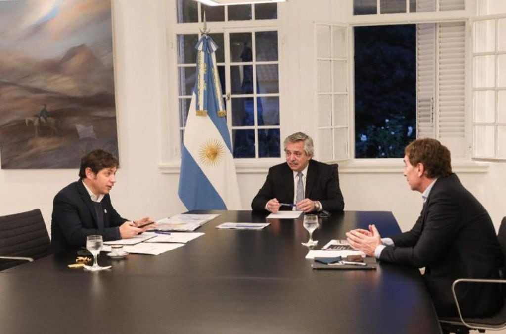 Reunión en Olivos entre Alberto Fernández, Axel Kicillof y Diego Santilli. (Foto: Presidencia)