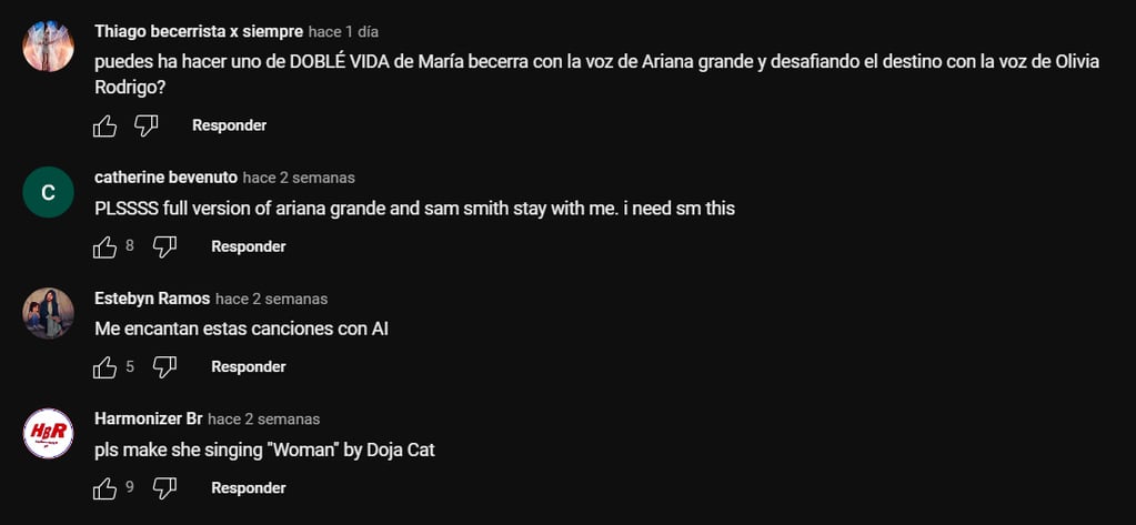 Comentarios de la cuenta de YouTube @cryfonothin quien realiza covers de distintos artistas con IA