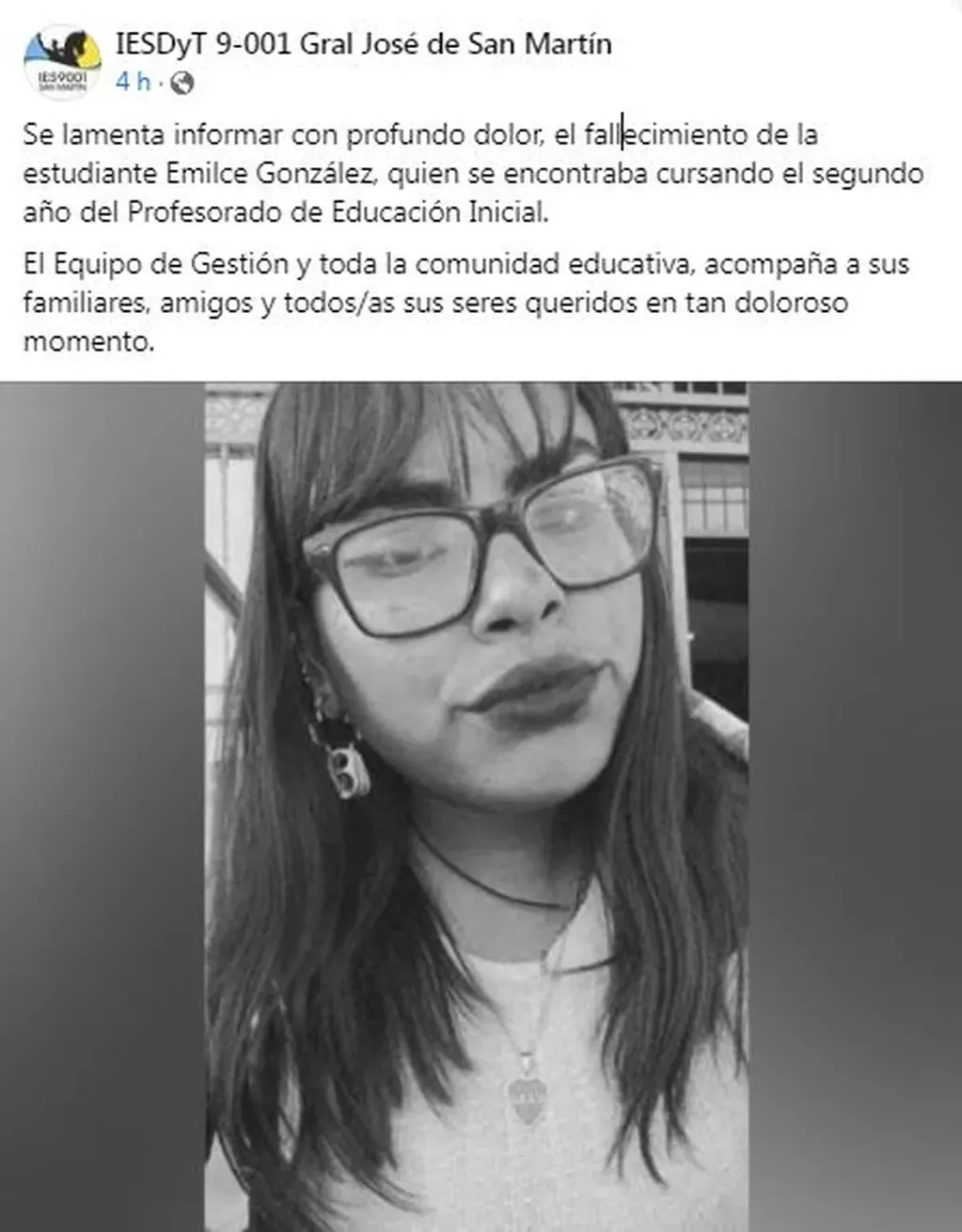 El instituto en donde estudiaba Emilce González expresó a través de un comunicado en sus redes sociales su pésame a la familia y amigos.