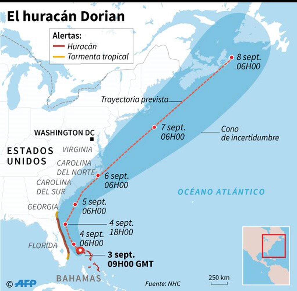 Trayectoria prevista del huracán Dorian. (AFP)