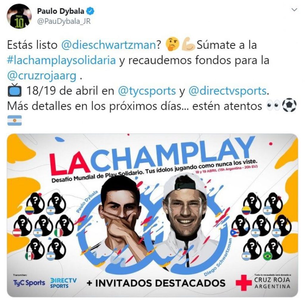 Paulo Dybala y Diego Schwartzman organizan la ChamPlay, un torneo de FIFA 20 a beneficio