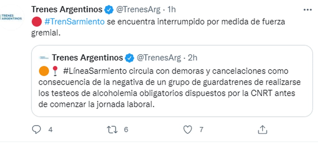 El comunicado oficial de Trenes Argentinos informando la suspensión del servicio del Tren Sarmiento.