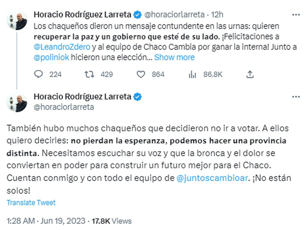 Las palabras de Rodríguez Larreta frente a la victoria de Juntos por el Cambio en las PASO de Chaco.
