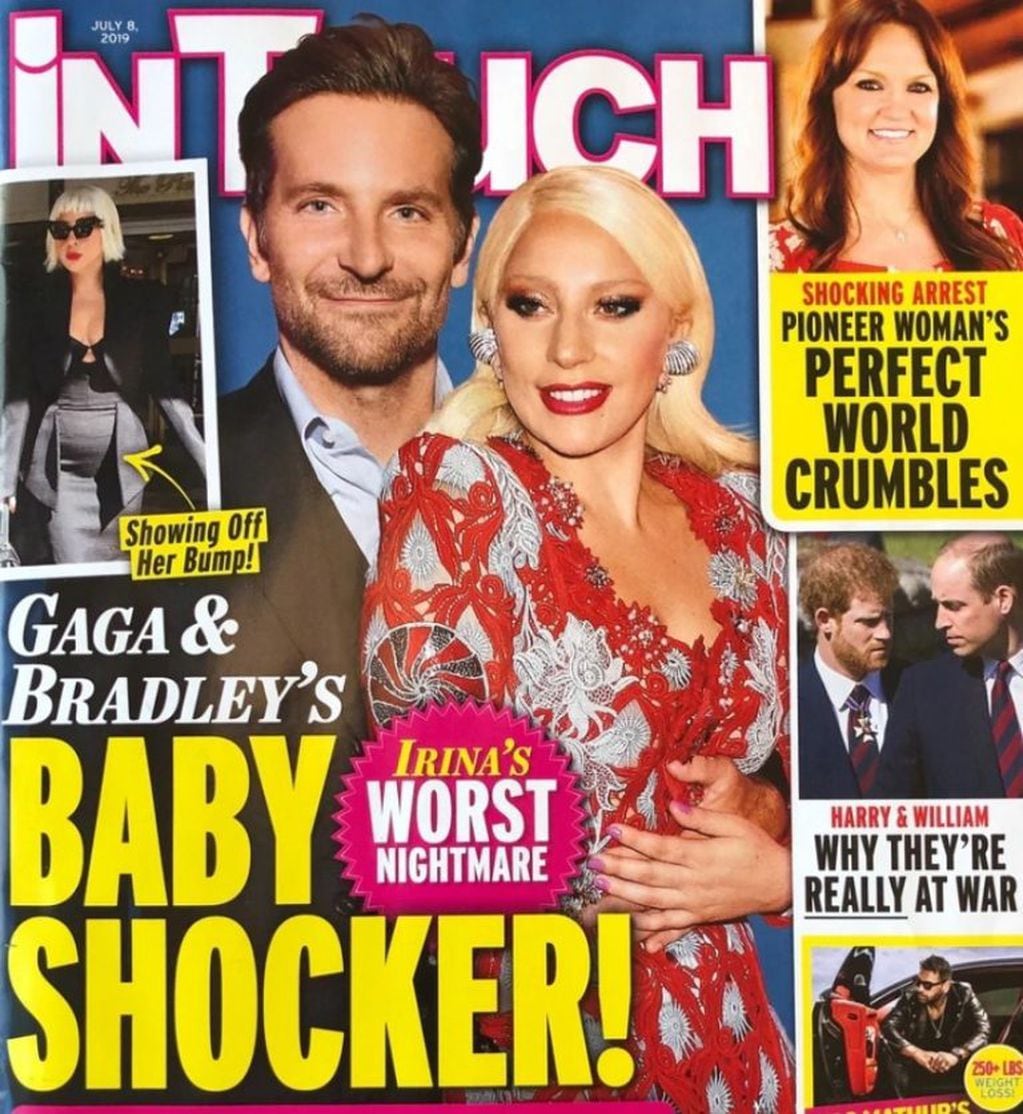 La tapa de la revista "In Touch" asegurando que Lady Gaga espera un hijo de Bradley Cooper (Foto: captura)