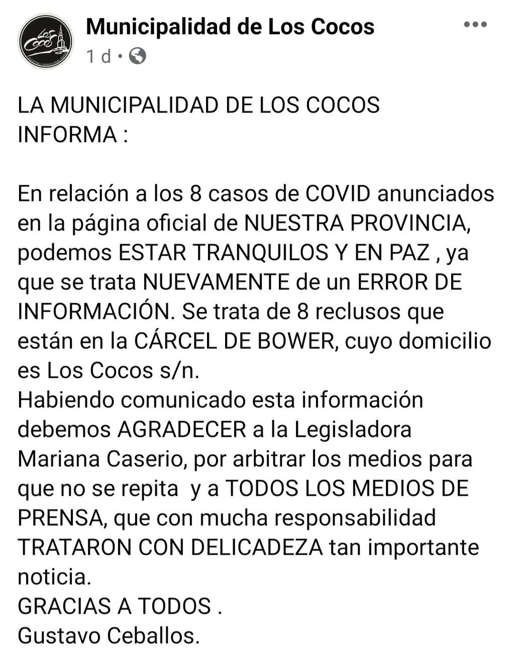 Comunicado de la Municipalidad de Los Cocos.