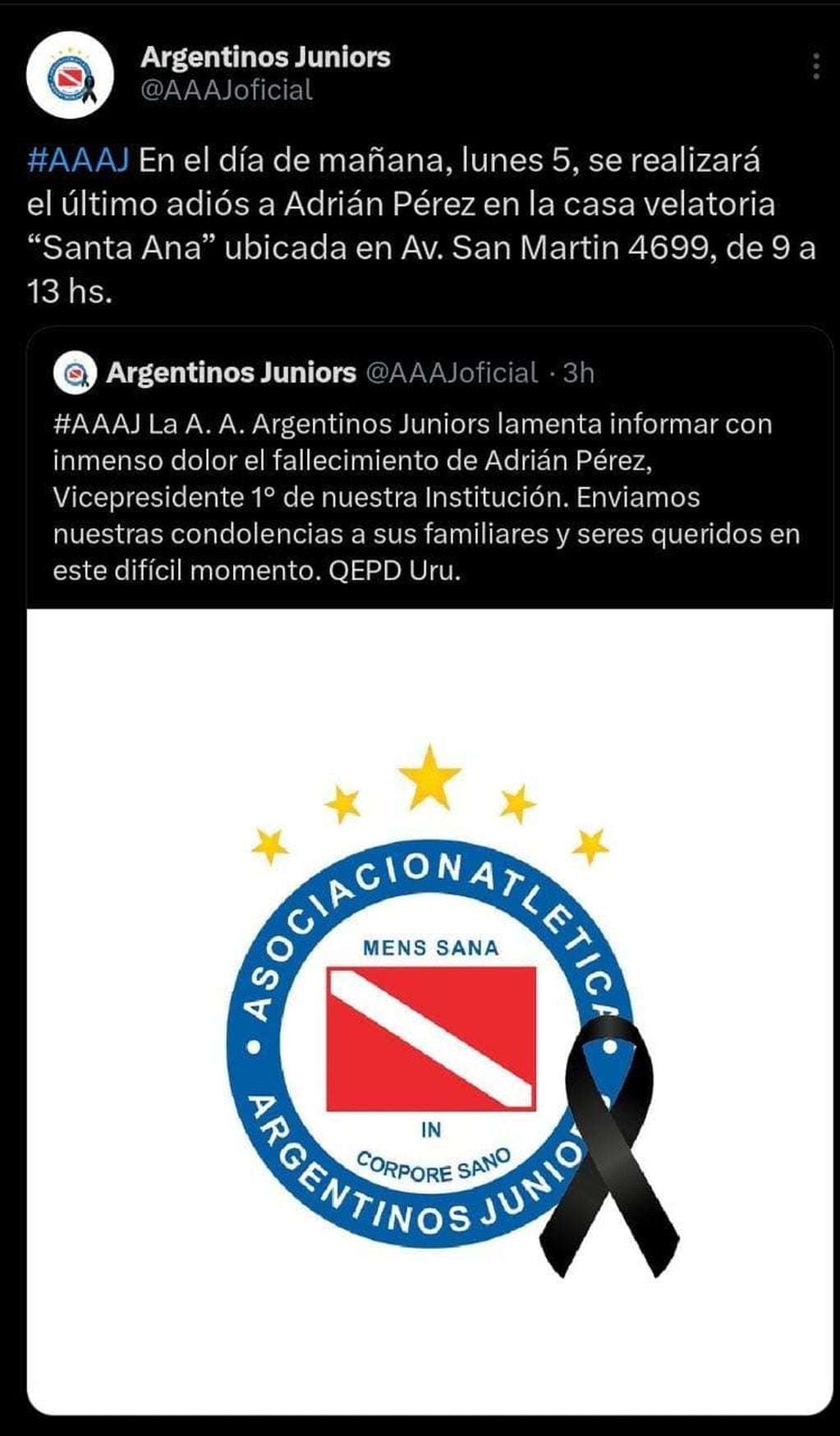 El comunicado de Argentinos Juniors por la muerte de Adrián Pérez.