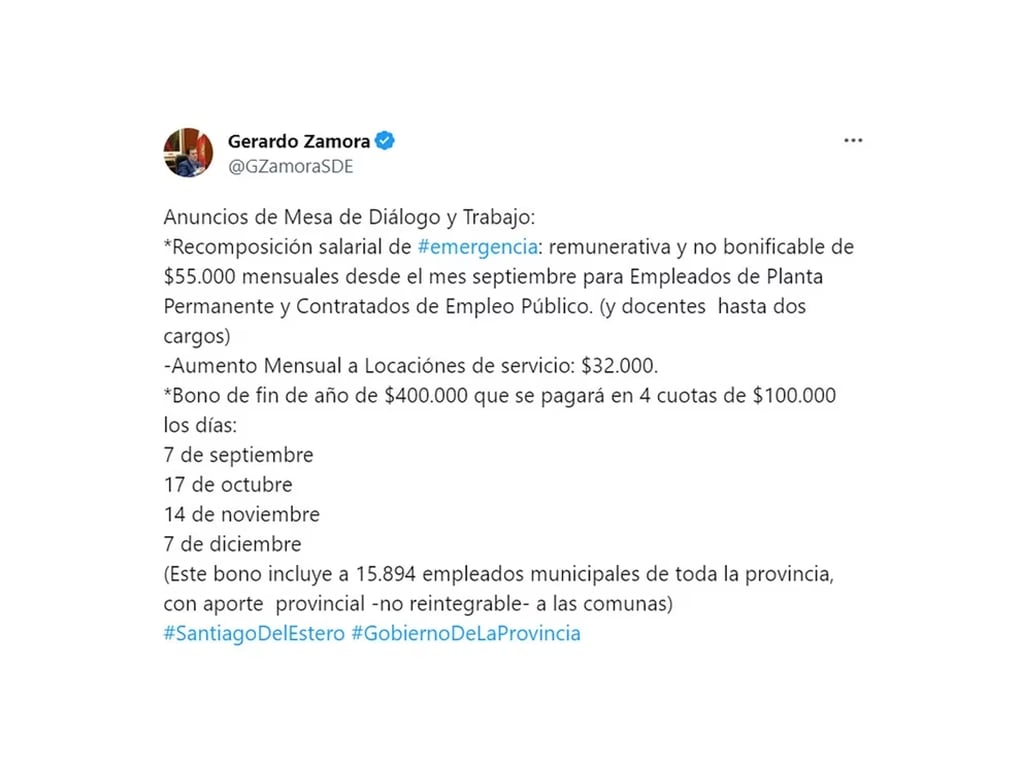 Las medidas que tomó Zamora al adherirse a los bonos que se otorgarán desde el Ministerio de Economía.