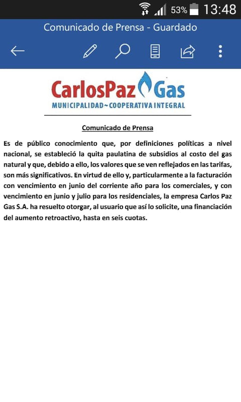 Comunicado de prensa de Carlos Paz Gas