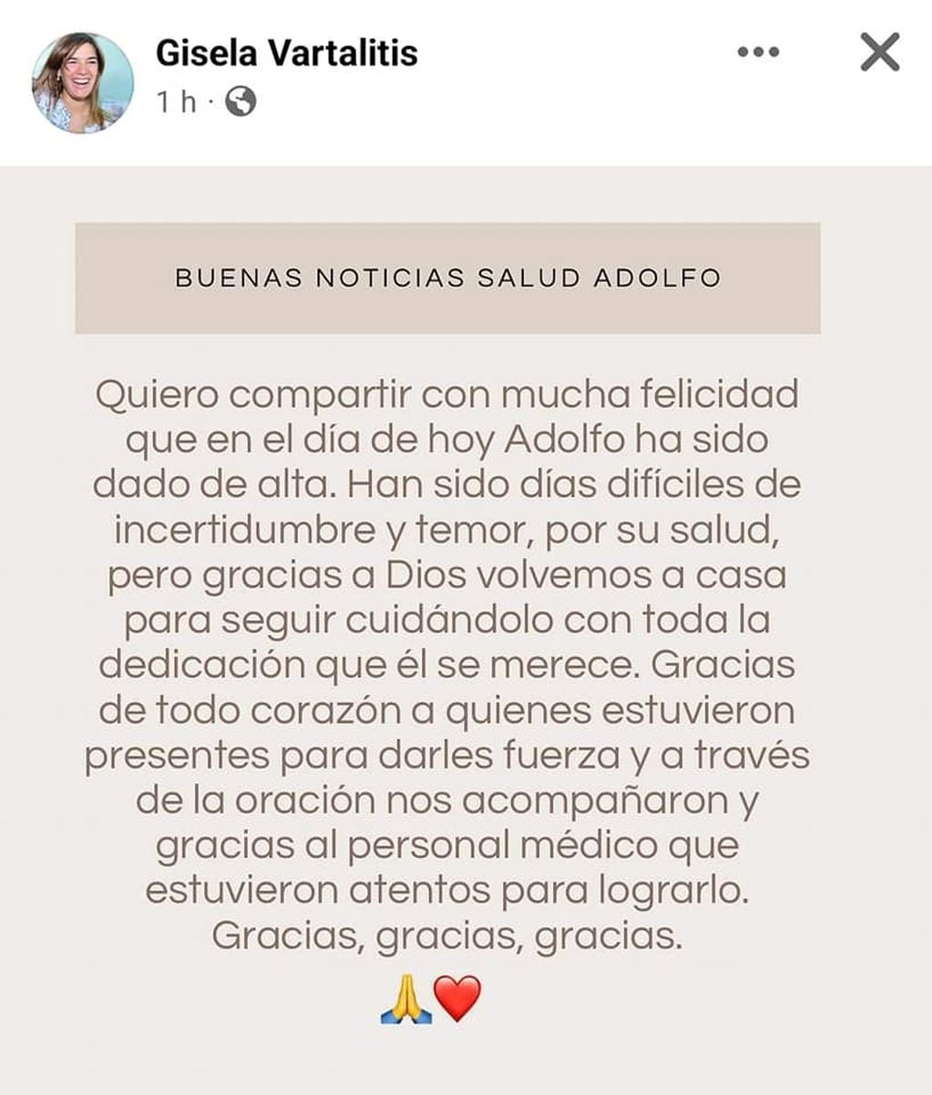 Publicación de Facebook de Gisela Vartalitis, esposa de Adolfo Rodríguez Saá.