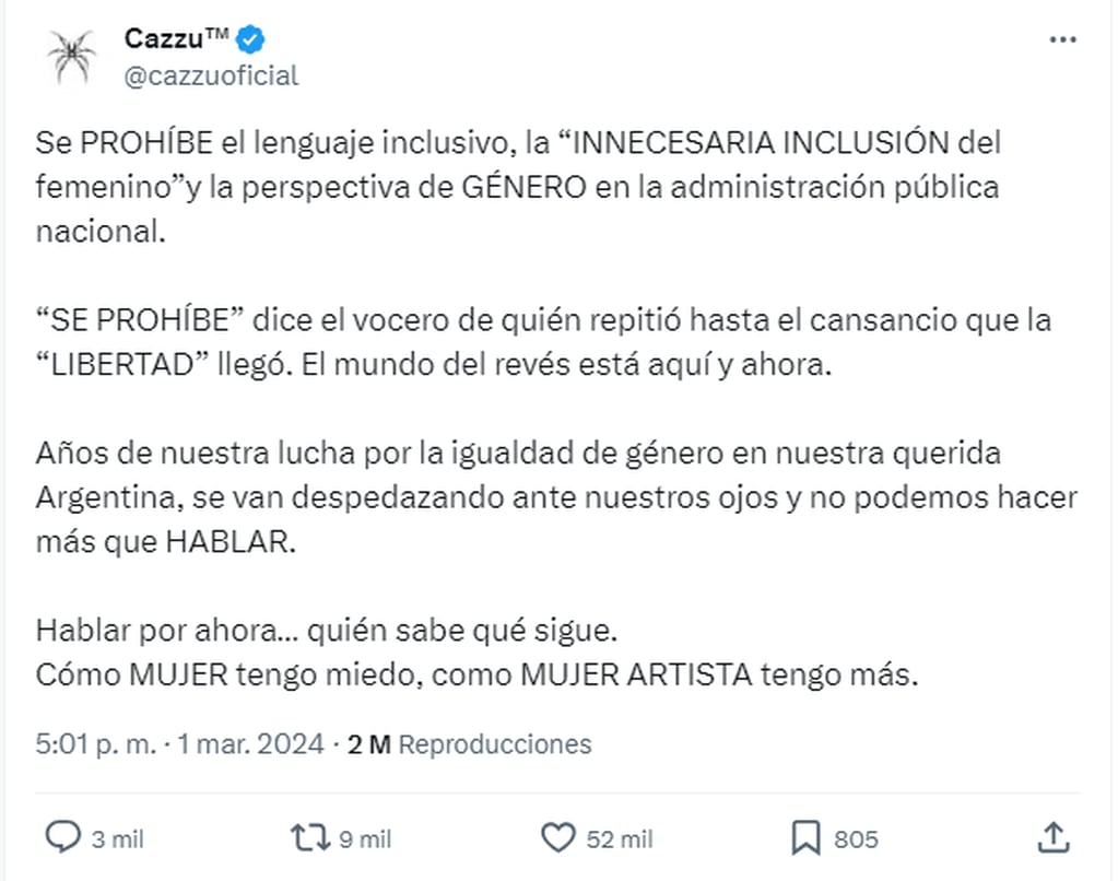 El mensaje de Cazzu tras las medidas que desea tomar el Gobierno argentino.