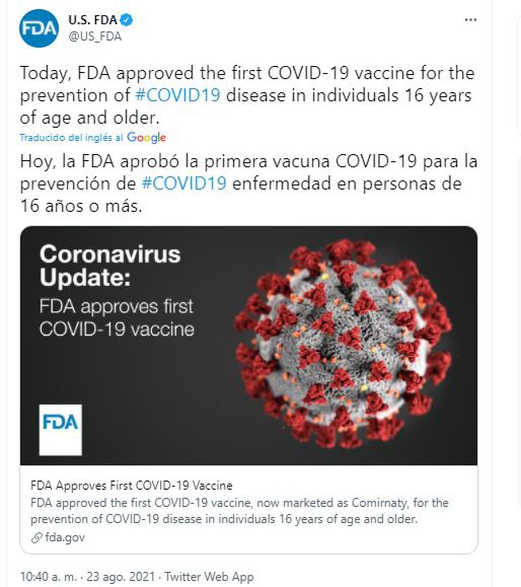 Estados Unidos otorgó aprobación total a la vacuna Pfizer contra el COVID-19.
