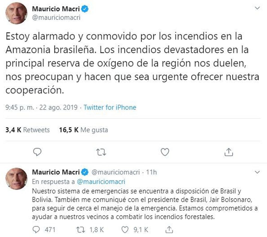 Mauricio Macri ofreció ayuda a Jair Bolsonaro (Foto: captura Twitter)