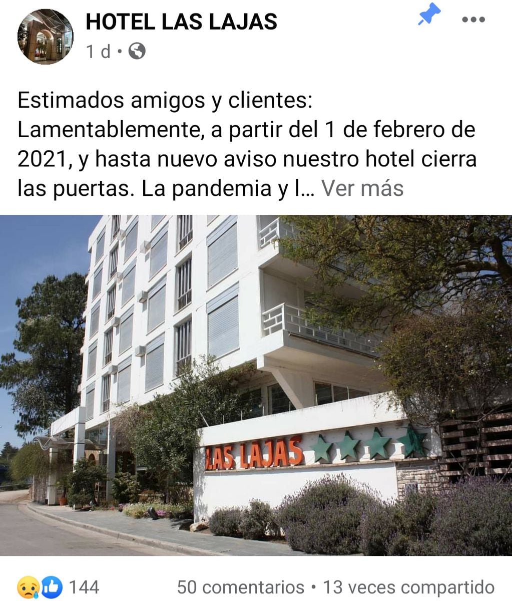 Cerró el clásico hotel Las Lajas de Villa Carlos Paz.