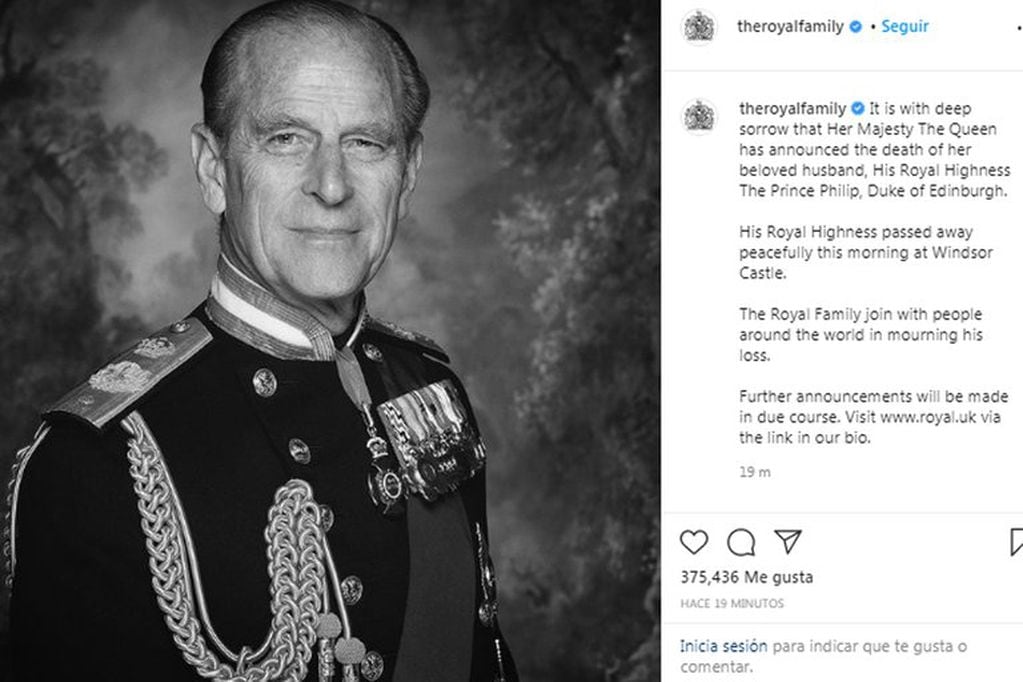El mensaje publicado en Instagram sobre la muerte del príncipe Felipe. (Instagram)