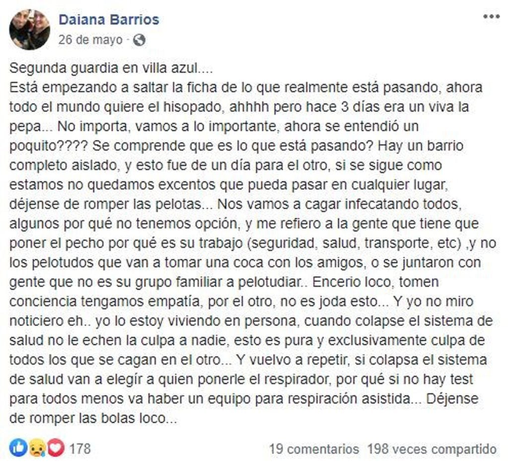 El mensaje de Daiana Barrios en Facebook.