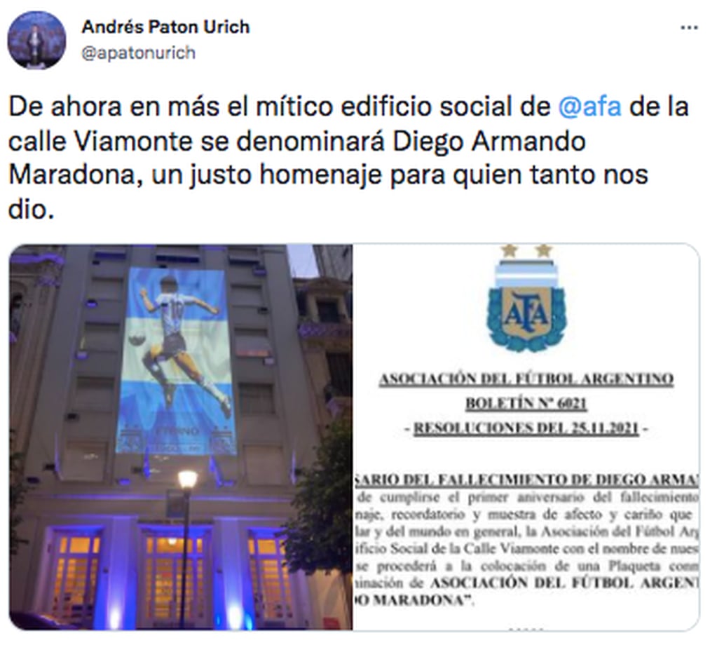 El edificio de la AFA en la calle Viamonte se llamará Diego Armando Maradona.