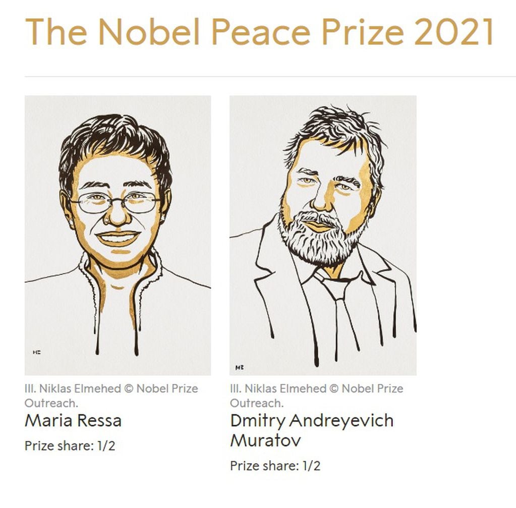Los periodistas Maria Ressa y Dmitry Andreyevich Muratov comparten el Premio Nobel de la Paz 2021.