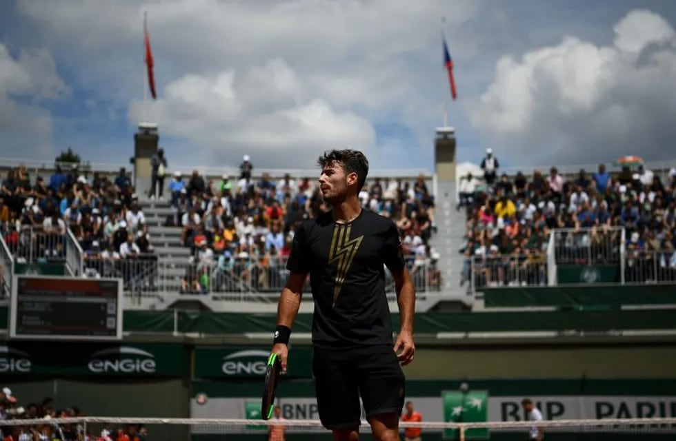 Argentina's Juan Ignacio Londero reacts as he plays against France's Richard Gasquet during their men's singles second round match on day four of The Roland Garros 2019 French Open tennis tournament in Paris on May 29, 2019. (Photo by Anne-Christine POUJOULAT / AFP)