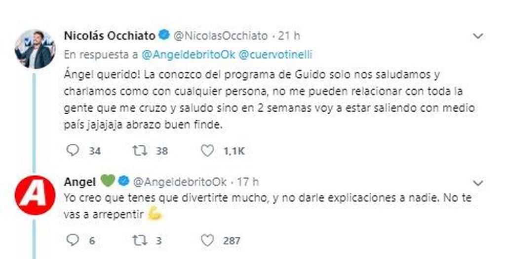 La respuesta de Nicolás Ochiatto a Ángel de Brito en Twitter (Fotos: Twitter)