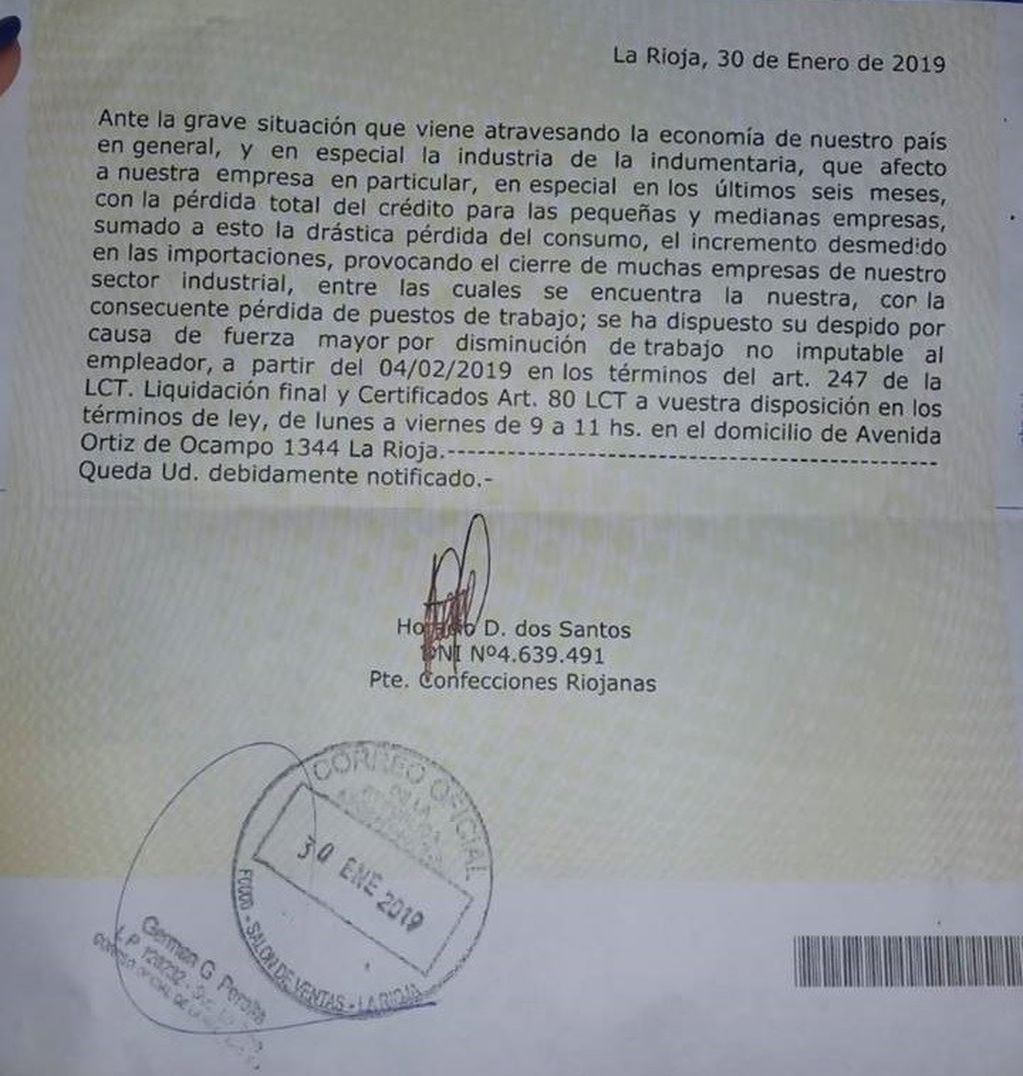 El telegrama Confecciones Riojanas firmado por su presidente