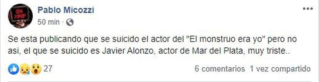 El actor Pablo Micozzi desmintió la versión que indicaba que un actor de la obra "El monstruo era yo" se había suicidado en el Hotel Provincial de Mar del Plata. Facebook/PabloMicozzi