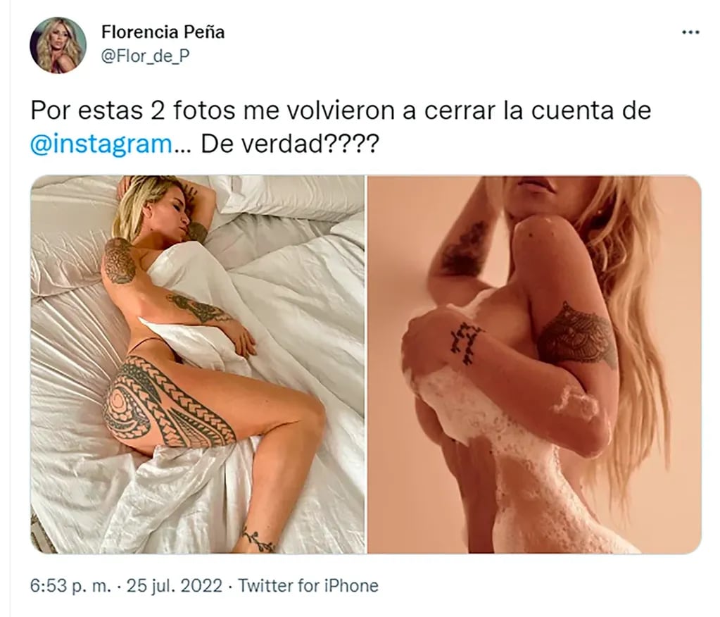 Las fotos por las que le suspendieron la cuenta de Instagram a Flor Peña.