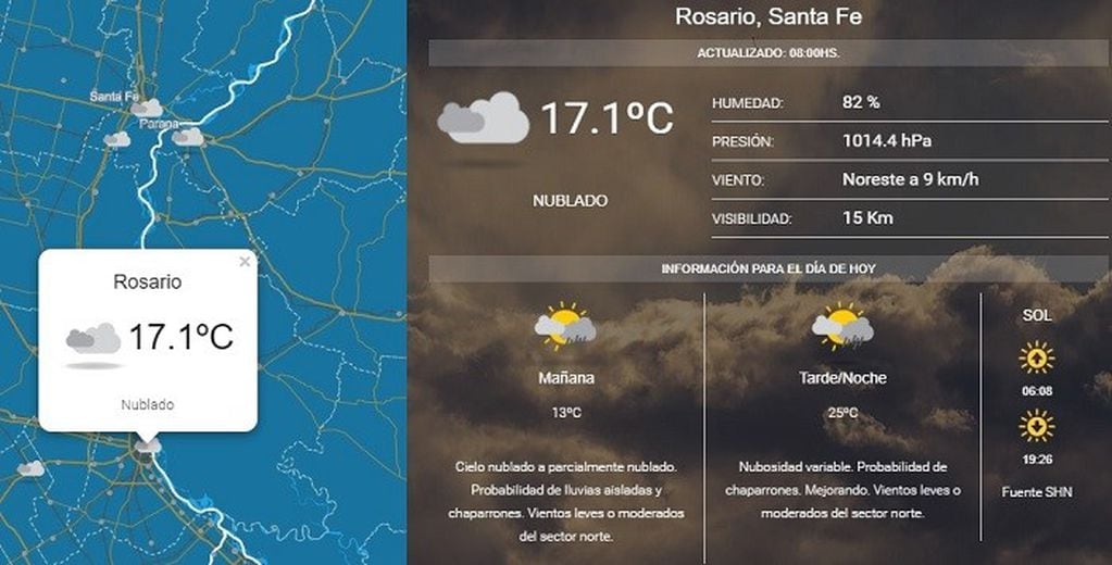 El Servicio oficial del clima pronosticó lluvia para este domingo en Rosario. (SMN)